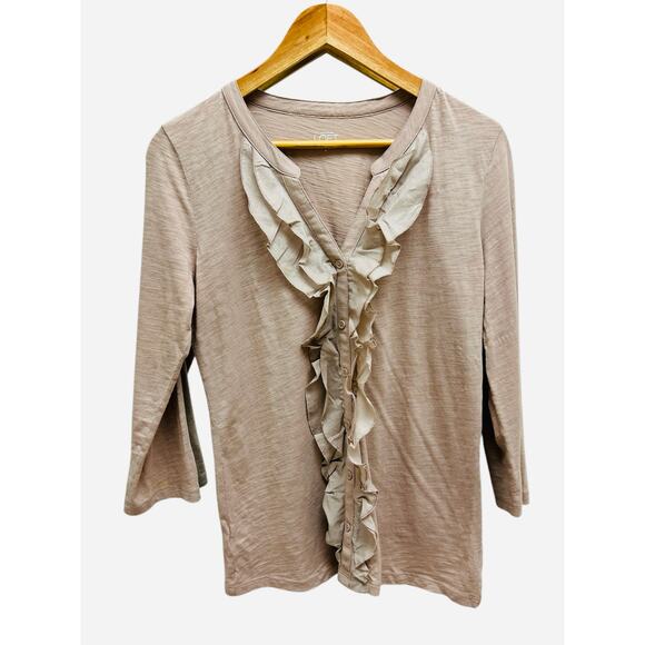 Ann Taylor LOFT Ruffle Button Cardigan Top Cotton Medium Beige - Picture 4 of 8